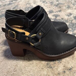 Born Black Leather Mules with Wooden Heel size 7